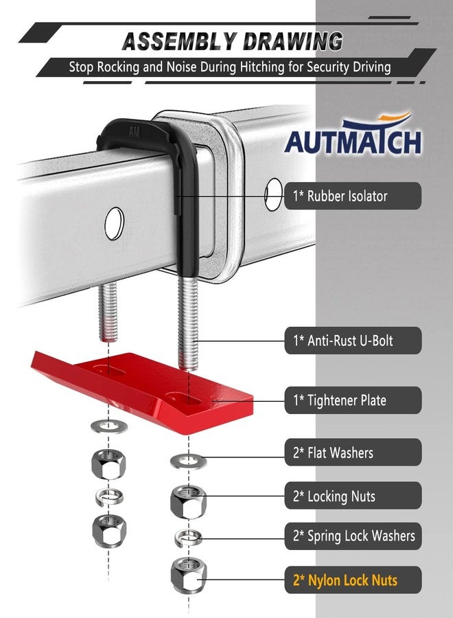 AUTMATCH Hitch Tightener Anti-Rattle Clamp, Heavy Duty Hitch Stabilizer for 1.25" and 2" Trailer Hitches, Rubber Isolator and Anti-Rust Double Coating Protective, Black & Red - Image 3